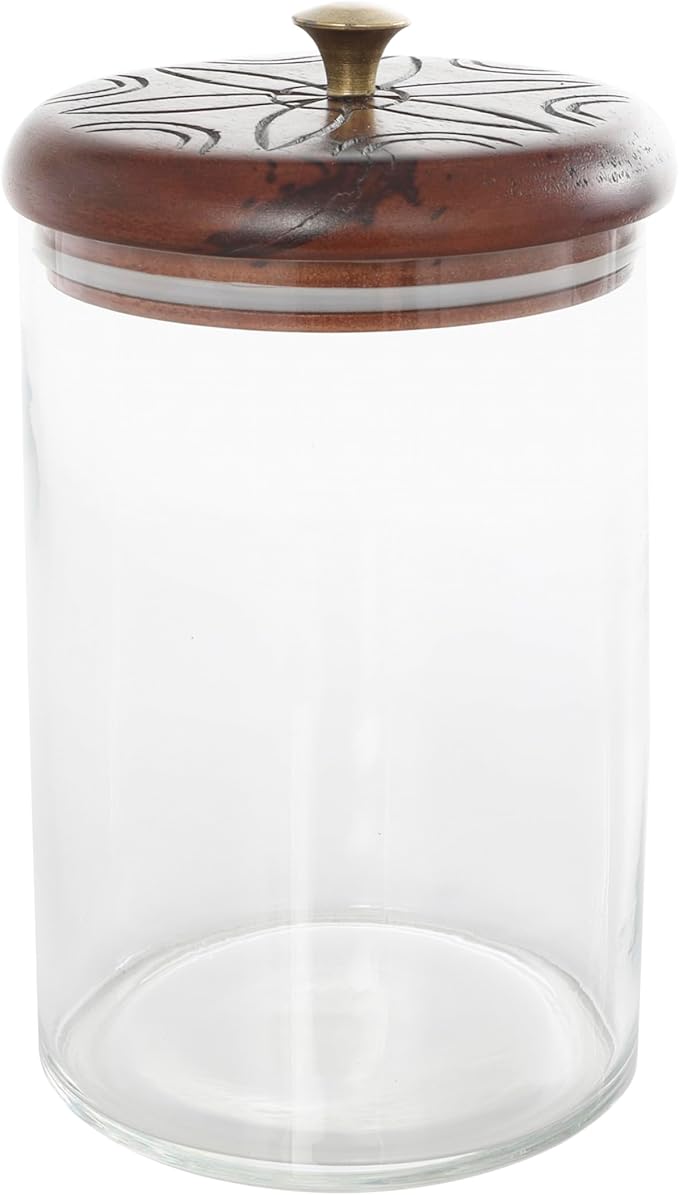Deco 79 Glass Floral Living Room Decorative Jars Carved Decorative Container with Brown Wooden Lids and Gold Knobs, Set of 2 Jar with Lid 9", 6"H, Clear