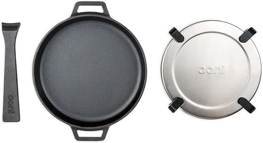 ooni Cast Iron Skillet Pan - 9" Round Fyring Skillet Pan with Removable Handle and Sainless Steel Trivet, Cast Iron Frying Pan, Pre-Seasoned Non-Stick Oven Safe Cookware, Pizza Oven & BBQ Accessories