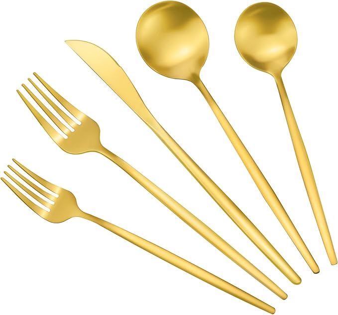Gold Silverware Set for 8, Stainless Steel Flatware Set, 40-Pieces Cutlery Tableware set Include Spoons And Forks Set, Matte Gold Utensil Set, Stain Finish, Dishwasher Safe