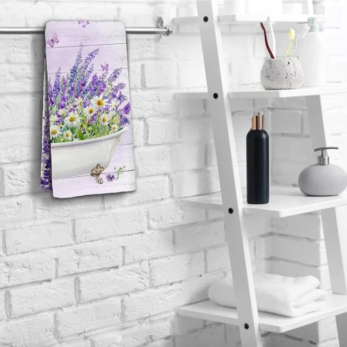 Lavender Hand Towels Set of 2 Lightweight Breathable Purple Floral Bath Towels Highly Absorbent Butterfly Lavender Towels for Bathroom Gym Hotel Decorative 28.7x13.7 Inch