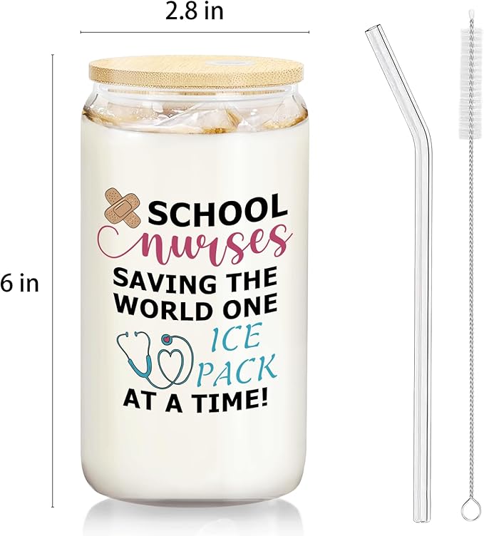 School Nurse Gifts Glass Cup Lids and Straws 14oz, Nurse Appreciation for Nursing Students Glass Iced Coffee Tumbler Drinking Jars with Cleaning Brush