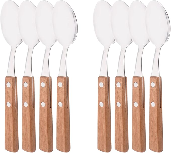 Natural Wood Dinner Spoons Set, 7.9" Stainless Steel Table Spoons with Wooden Handle, Rivet Handle Design, Set of 8