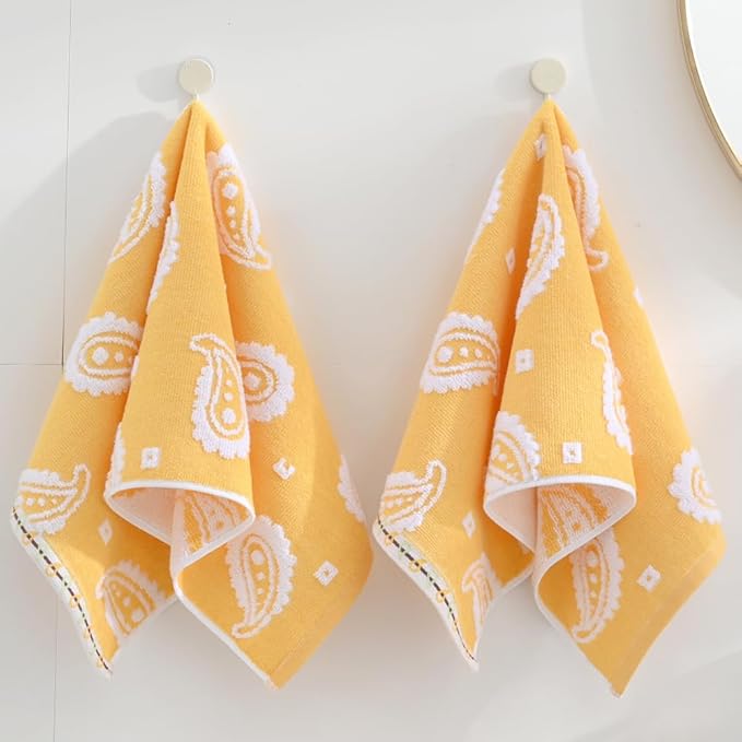 sense gnosis Yellow Paisley Pattren Jacquard Hand Towels Set of 2 Super Soft 100% Cotton Absorbent Double-Sided White Terry Bath Hand Towels for Bathroom Decorative Gym Camping, 13 x 29 inch