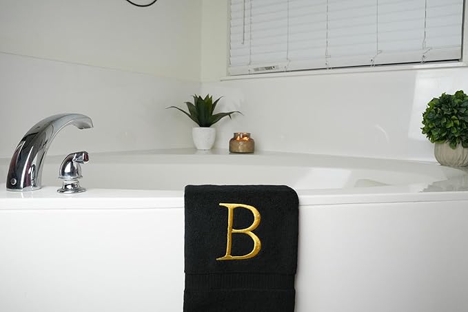 Black and Gold Bathroom Hand Towel - Monogrammed Luxury Hotel Quality Decorative Embroidered Towel for Powder Room, Spa - GOTS Organic Certified - Pack of 2, Letter B
