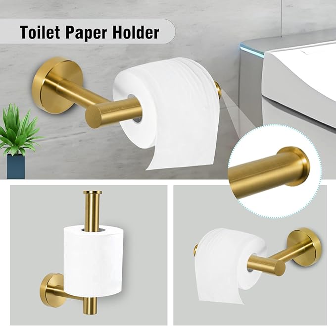 5-Piece Towel Racks for Bathroom, Stainless Steel Bathroom Accessories Set, Bathroom Towel Holder Wall Mounted, Sturdy Bath Towel Bar Set Bathroom Hardware Set (Brushed Gold)