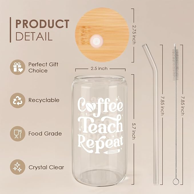 SANDJEST Teacher Glass Can, Coffee Teach Repeat Cup, Coffee Aesthetic Cups, Gift for Christmas Thanksgiving Birthday Teacher Appreciation, Gifts for Women, 16oz
