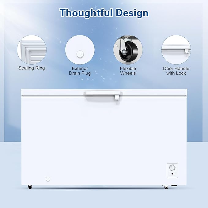 Large Chest Freezer, 14.2 Cu.ft Deep Freezer FreeStanding Top Door Freezer with 8 Adjustable Thermostat (-11.2°F to 10.4°F) and Removable Basket, Universal Wheels, Manual Defrost for Garage, White