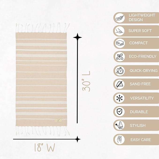 Hand Towels - Set of 2, 18" x 30" inches, Decorative Peshtemal Cotton Hand Towels for Kitchen, Bath, Guest, Face, Hair, Gym, Yoga, Dishcloth, Travel (Beige)