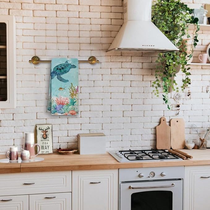 Sea Turtle Hand Towels Set of 2 - Breathable Ocean Beach Towels, Highly Absorbent Marine Life Coastal Bath Towels for Gym, Hotel, Summer Bathroom Decor - 28.7x13.7 Inch