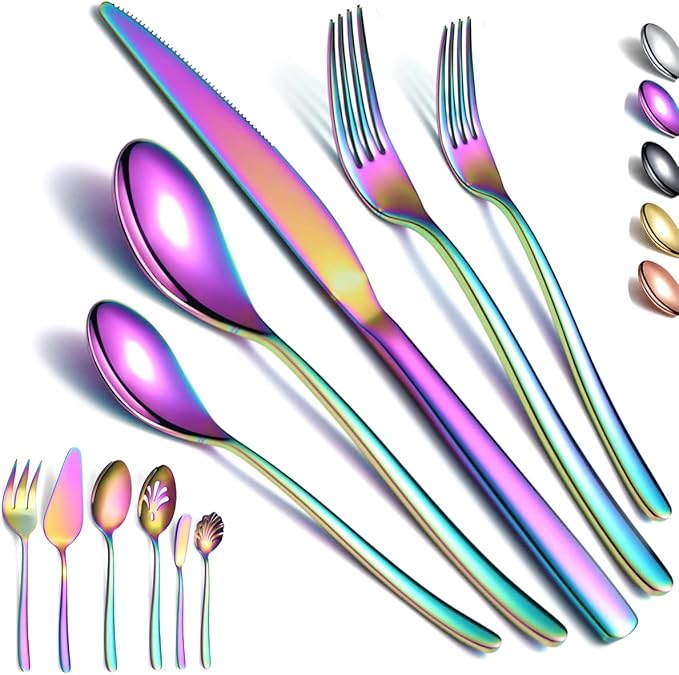 Rainbow Silverware Set 46 Piece, Stainless Steel Flatware Set, Cutlery With Cake Server, Serving Spoon, Slotted Serving Fork, Sugar Spoon, Butter Knife (Shiny Rainbow)