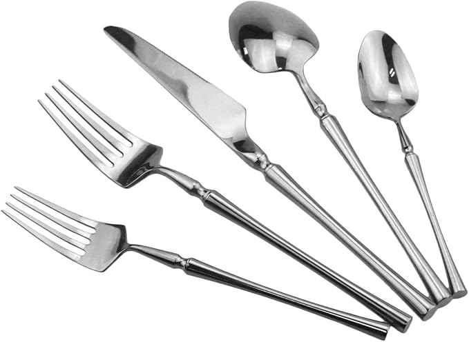 Gugrida Silver Silverware Set, 5-Piece 18/10 Stainless Steel Flatware Cutlery Set for 1,Mirror Finish, Ideal for Wedding Festival Party Home Kitchen, Dishwasher Safe