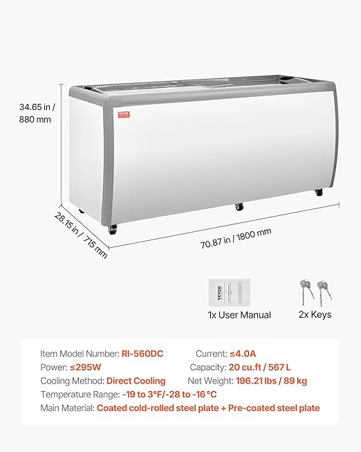 VEVOR Commercial Ice Cream Display Case, 20 Cu.ft Chest Freezer, Restaurant Gelato Dipping Cabinet Top Deep Freezer with Locking Casters, Sliding Glass Door, LED Lighting, Hold 12 Ice Cream Tubs