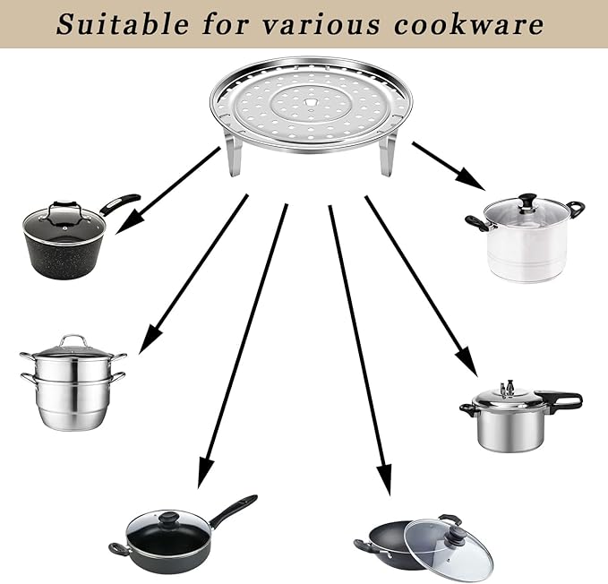 Steamer Rack for Cooking,18/8 Stainless Steel Steaming Rack,8.7 Inch Steam Tray with Removable Legs for Steamer Cookware Baking Instant Pressure Cooker Multi-functional Steamer Basket