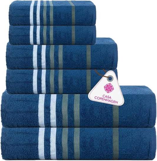 CASA COPENHAGEN Exotic Bath & Hand Towels, Designed in Denmark - 525 GSM Egyptian Cotton - 2 Bath, 2 Hand, 2 Washcloths - Navy