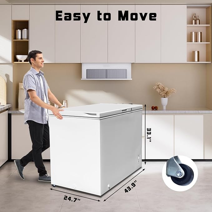 SMETA Chest Freezer, 10 Cubic Feet Deep Freezer with 3 Basket, Garage Ready, Low Noise, Adjustable Thermostat, Energy Saving with 4 Wheels for Kitchen, Office, Meat, House, Commercial, White