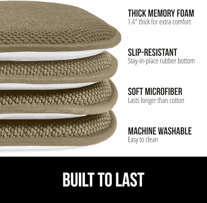 GORILLA GRIP Slip Resistant Chair Cushions, No Ties Required, Memory Foam Pads for Dining Room, Kitchen Table, Office, Rocking Chairs, Plush Seat Cover Cushion Pad, Home Decor, Set of 4 16x16, Beige