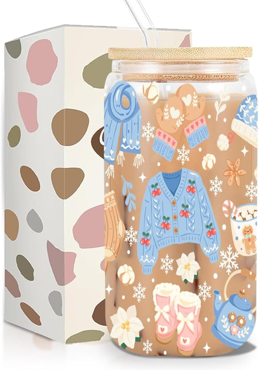 Cozy Christmas Iced Coffee Cup, 16 oz Coffee Glass Cup with Lid Straw, Cute Christmas Gifts for Women Teen Girls Sister