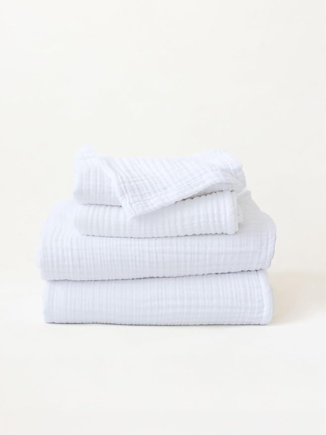 4 Pieces Muslin Towel Set for Bathroom, Luxury 100% Turkish Cotton Thin Soft Quick-Dry Lint-Free Large Size Bath Hand Towel Sets (White, 2 Bath & 2 Hand Towel Set)