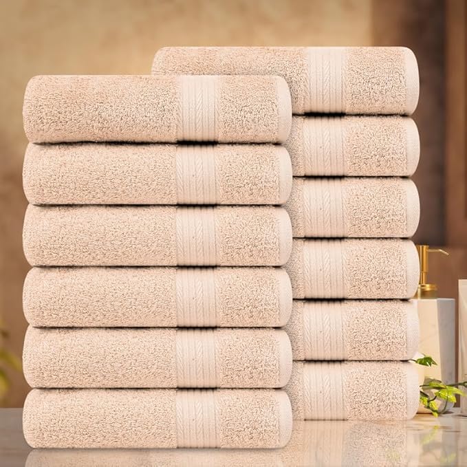 Ample Decor Hand Towel 18 X 28 Inch Pack of 12 600 GSM 100% Cotton, Soft Absorbent Thick Durable Premium Quality, for Hotel, Bathroom, Spa, Daily Use, Gym - Machine Washable - Beige