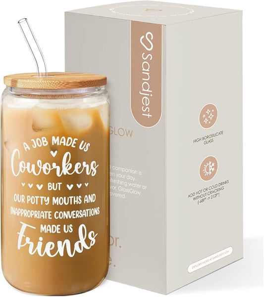 SANDJEST Coworker Gift for Women - 16oz Can Glass Coffee Cup - Funny Work Bestie Gift - Farewell Going Away Present for Female Colleagues and Friends