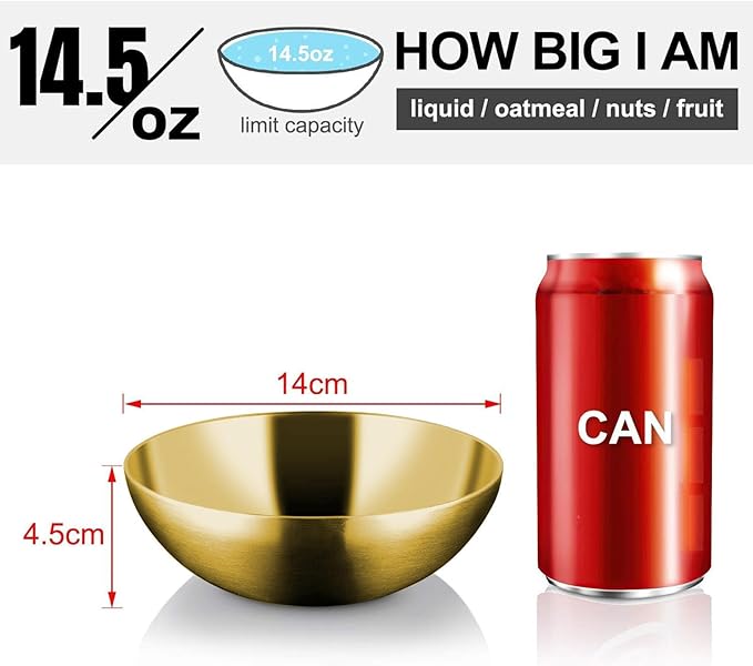 Miusco Stainless Steel Bowls for Kids, 18/8 Stainless Steel Toddler Bowl, BPA-Free, Durable & Easy Clean, 4 Pack - 14.5 oz Perfect for Baby Meals, Snacks, Serving and Travel & Home Use, Gold