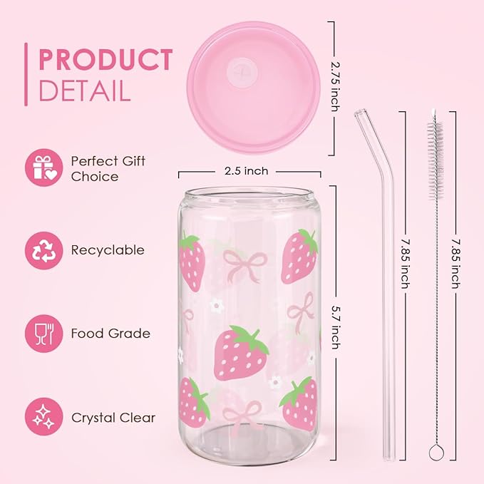 Strawberry 16 Oz Can Glass Tumbler with Acrylic Lid and Straw - Iced Coffee Cups for Women, Aesthetic Glass Cup Gift for Birthday Christmas