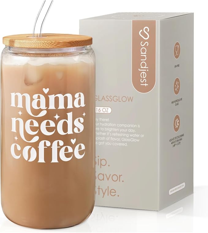 SANDJEST Mom Glass Can, Mama Needs Coffee Cup with Lid & Straw, Iced Coffee Aesthetic Cups, Idea Gifts for Christmas Birthday Mother Day, Gifts for Women, 16oz