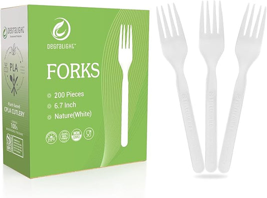 100% Compostable Froks [200Pcs] Heavy Duty Biodegradable Forks Disposable Utensils, BPA-Free, Heat Resistant, BPI Certified Disposable Forks, Eco Friendly Cutlery for Party, Office & Picnic