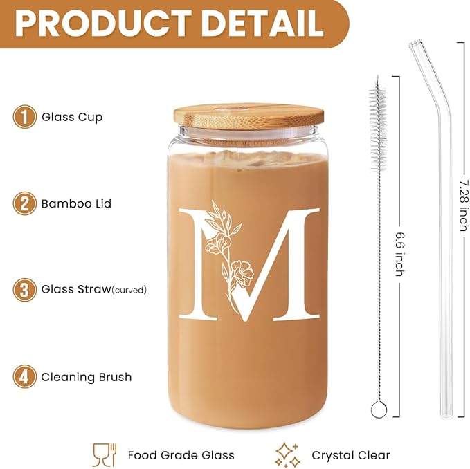 SANDJEST Monogrammed Gifts for Women - Monogram M Initial Glass Cup 16 Oz Can Coffee Cups with Lid and Straw - Monogram Initials Gifts for Womens on Birthday