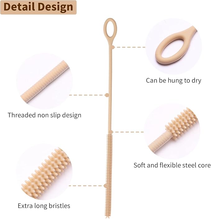 Silicone Straw Cleaner Brush, 2Pcs Reusable Straw Brush Extra Long for Cleaning Tumbler with Handle and Glass Metal Smoothie Straws, Non-slip Handle Soft and Bendable, 6mm+9mm (Khaki)