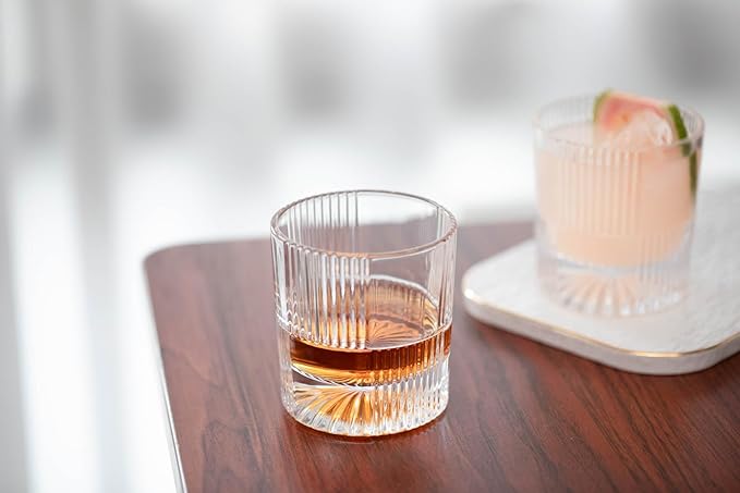 10oz Old Fashioned Whiskey Glasses Set | Lead-Free Crystal, Heavy Base, Rock Glass with Elegant Tile Design, 4-Piece Set for Scotch & Cocktails
