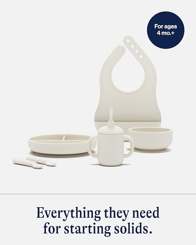 Lalo First Bites Silicone Baby Feeding Set - Baby Led Weaning Supplies - Non-Toxic Silicone - Includes 1 Bib, 2 Spoons, Training Cup, Suction Plate and Bowl - 6 Pieces - Oatmeal