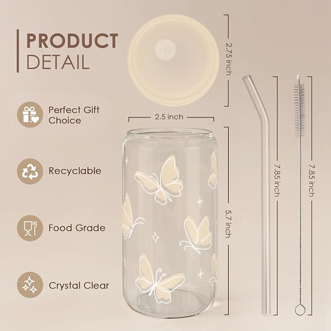 SANDJEST Butterfly Glass Can, Iced Coffee Aesthetic,Cup, Gifts for Christmas Birthday, Gift for Women Girls, 16oz