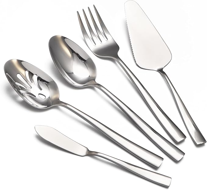 Large Hostess Serving Utensils Set, Stainless Steel Heavy Duty Serving spoons, Slotted Spoons, Serving Fork, Cake Server, Butter Knife, Dishwasher Safe (Silver)