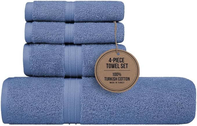 Extra Soft Bath Towels Set of 4 - Soft & Turkish Cotton 100% Cotton, Cute - Includes 1 Bath Towel (28" x 56"), 1 Hand Towel (16"x28") and 2 Wash Cloths (12"x12") - Sky Blue