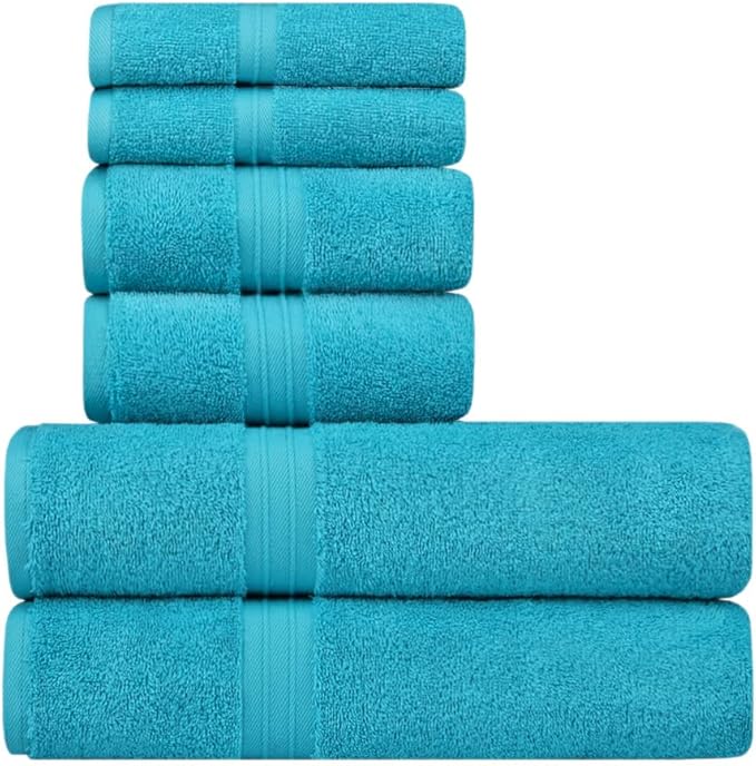 6 Piece Bath Towel Set - 100% Cotton & Absorbent - Luxury, Cute, Hotel Quality and Cozy Include 2 Bath Towel (28" x 56"), 2 Hand Towel (16"x28") and 2 Wash Cloths (12"x12") - Turquoise