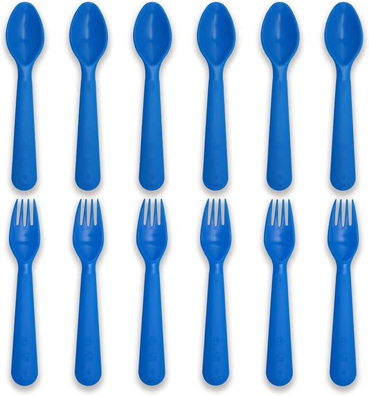 12 Pcs Kids Spoons and Forks Toddler Utensils Plastics Reusable Silverware Baby Cutlery Set Feeding Dinnerware Utensils BPA Free Microwave Dishwasher and Freezer Safe- Blue