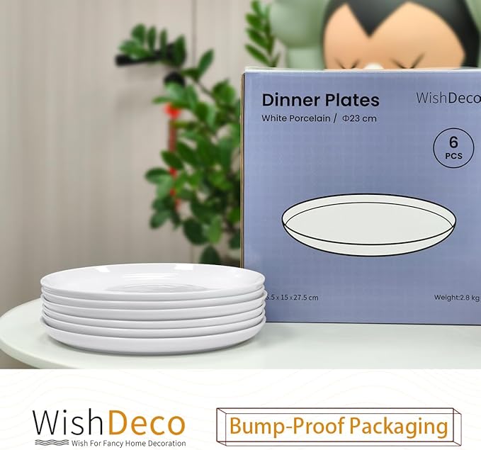 White Dinner Plates Set of 6, Porcelain Salad Plates 9 Inch, Modern Kitchen Plate, Round Serving Dishes, Microwave and Dishwasher Safe, Scratch Resistant, Smooth Glaze