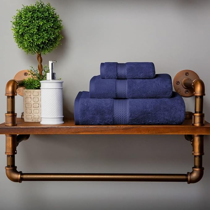 Superior Egyptian Cotton Pile 3 Piece Towel Set, Includes 1 Bath, 1 Hand, 1 Face Towel/Washcloth, Ultra Soft Luxury Towels, Thick Plush Essentials, Guest Bath, Spa, Hotel Bathroom, Navy Blue