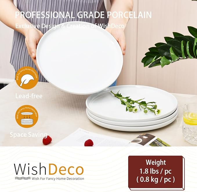 White Dinner Plates Set of 4, Ceramic Dining Plates 10.5 inch, Large Salad Plate, Porcelain Kitchen Plate for Pizza, Steak, Microwave and Dishwasher Safe