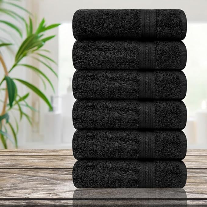 Ample Decor Hand Towels for Bathroom 18 X 28 Inch 600 GSM 100% Cotton, Soft Absorbent - 6 Pcs Black