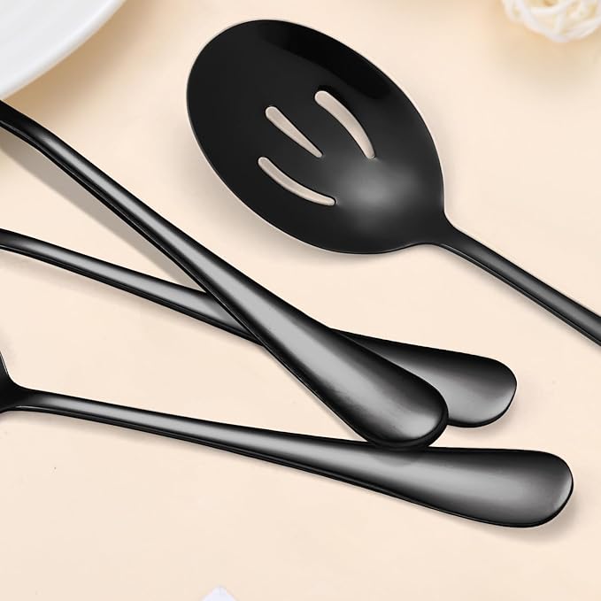 Black Serving Utensils Set 10-Piece Stainless Steel Kitchen Catering Flatware include Catering Tong Big Spoons and Ladles Servers Large Fork Spatula Ideal for Home and Restaurant Use