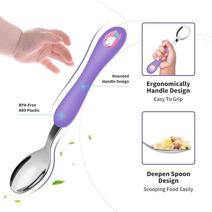 Lehoo Castle 6 Pieces Toddler Utensils, Kids Silverware for 2 3 4 Years Old, Stainless Steel Fork and Spoon Set with Plastic Handle, Safe Toddler Cutlery (Light Purple + Blue)