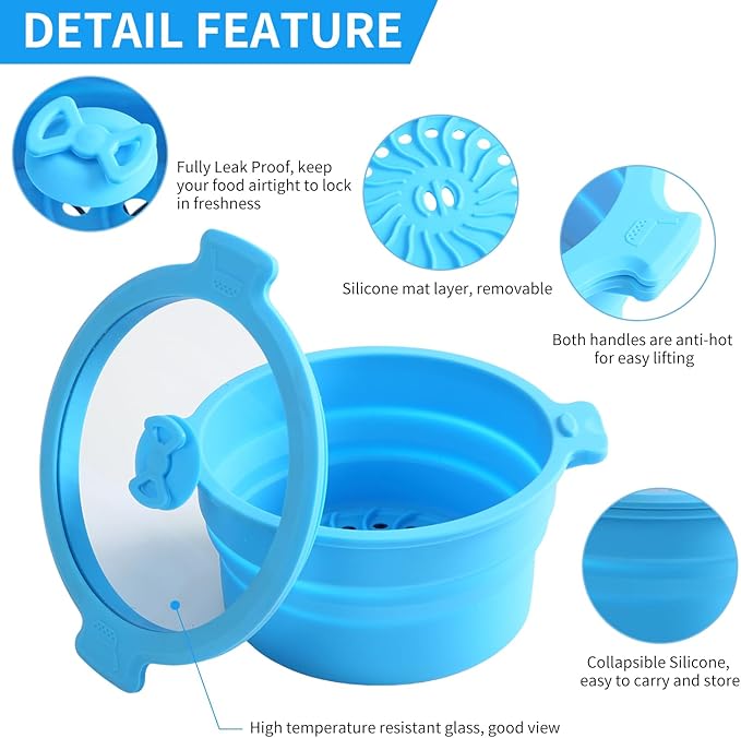 Collapsible Silicone Microwave Cookware Cooker Steamer for Cooking with Lids, 1.4L Glass Food Storage Container Sealed Bowl Mixing Bowls 2pc Set BPA Free