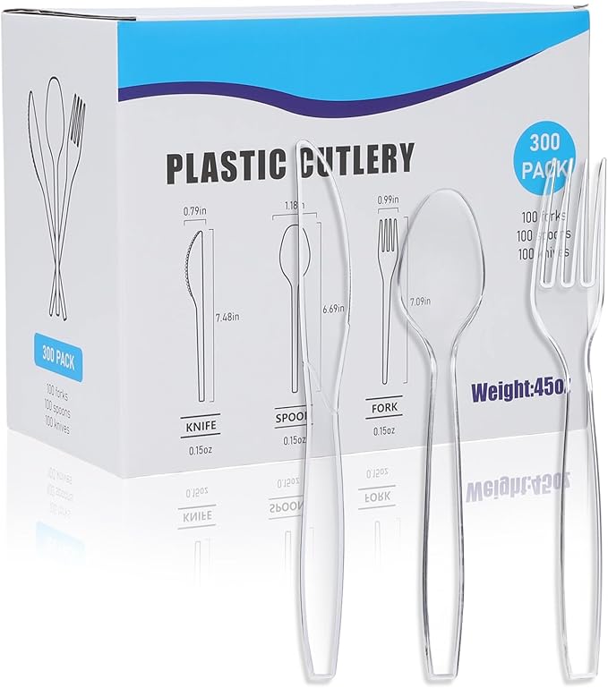 300 Count Plastic Silverware Heavy Duty, BPA-Free Disposable Utensils, Includes 100 Knives, 100 Forks, 100 Spoons for Party, Wedding, Catering, Picnic