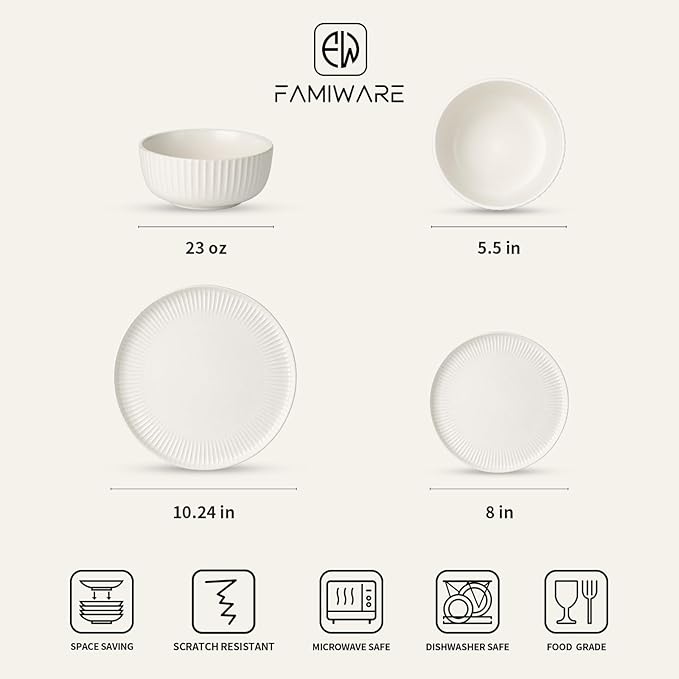 Famiware Starlight Plates and Bowls Dishes Set of 6 (18 Pieces), Ribbed Textured Stoneware Dinnerware Sets- Dishwasher & Microwave Safe, Chip Resistant, Matte Reactive White