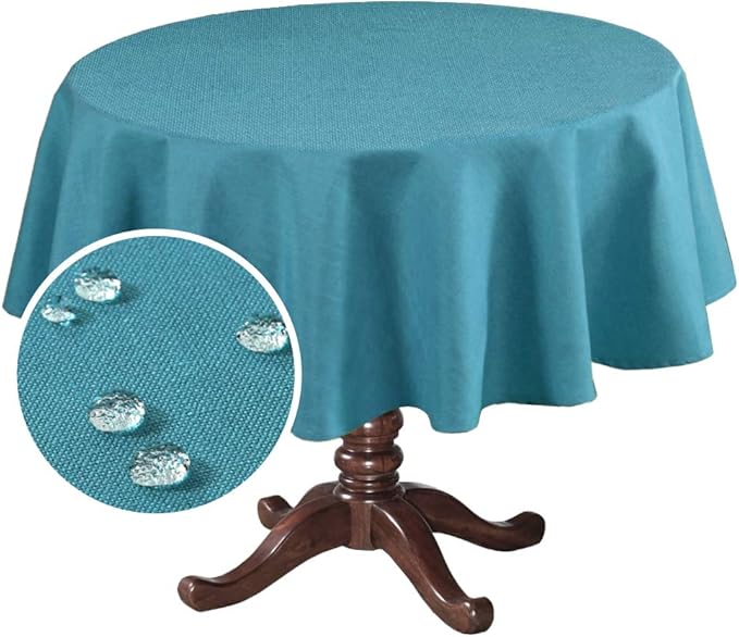 H.VERSAILTEX Linen Textured Table Cloths Round 60 Inch Premium Solid Tablecloth Spill-Proof Waterproof Table Cover for Dining Buffet Feature Extra Soft and Thick Fabric Wrinkle Free, Teal