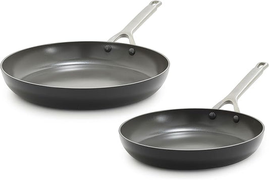 GreenPan x Bobby Flay 10” & 12” Hard Anodized Ceramic Nonstick Frying Pan Set, PFAS-Free, Induction Compatible Skillets, Oven & Broiler Safe to 600˚F, Dishwasher Safe, Black