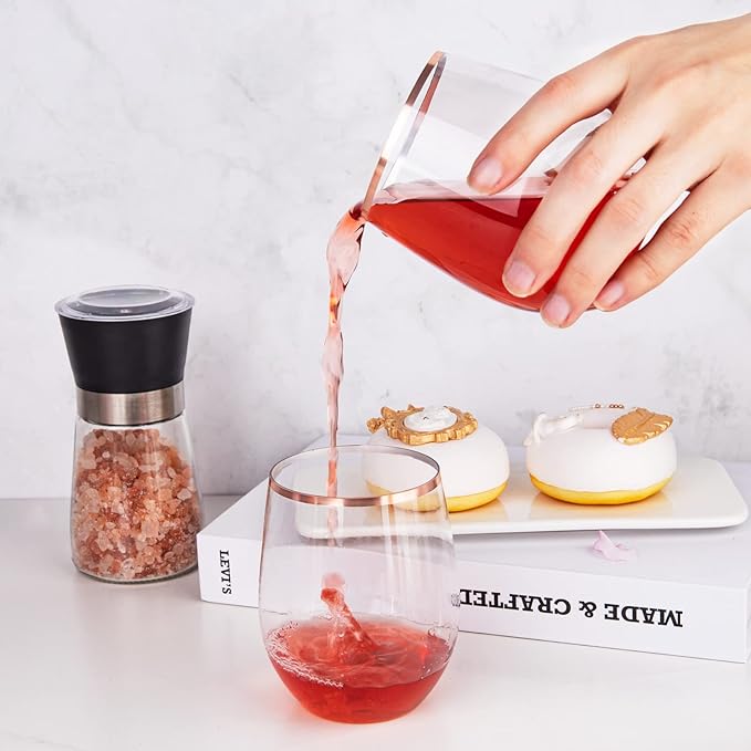 SUT 24 Disposable Stemless Wine Glasses, 12OZ Plastic Party Wine Cups, Rose Gold Wine Glasses, Shatterproof Reusable and BPA-Free, Clear Drinking Glasses Perfect for Outdoor Party, Wedding, Picnic