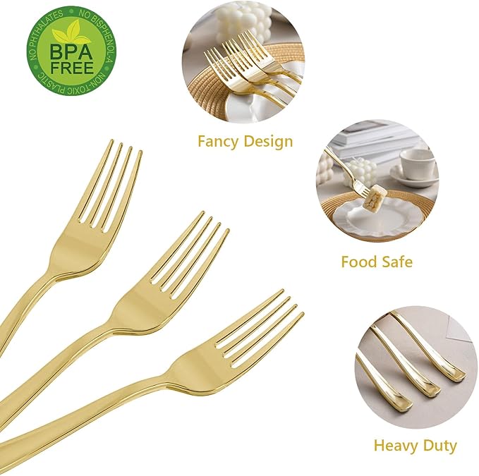 N9R 100PCS Gold Plastic Forks, Solid, Durable and Heavy Duty Gold Plastic Forks Disposable, Perfect Utensils for Parties, Weddings, Thanksgiving, Picnics, Christmas and Daily Use